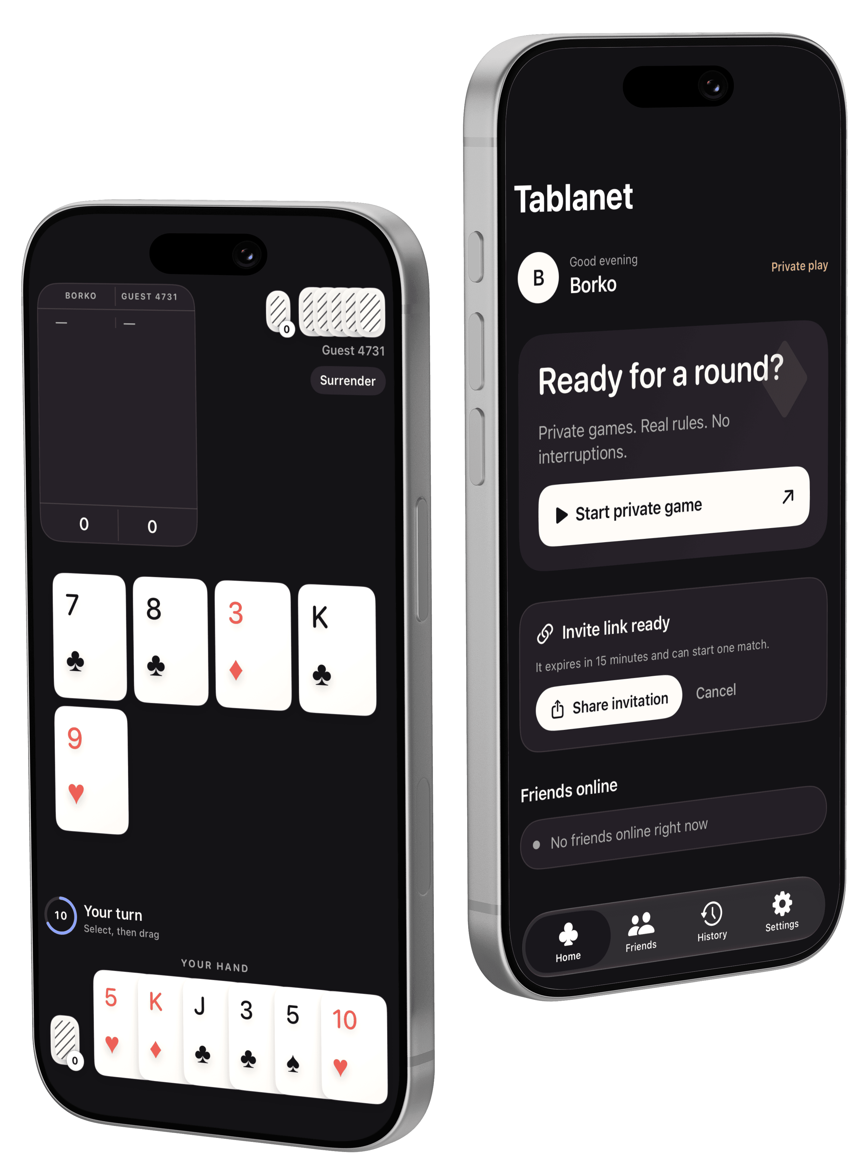 Tablanet card game interface mockups on dual mobile devices